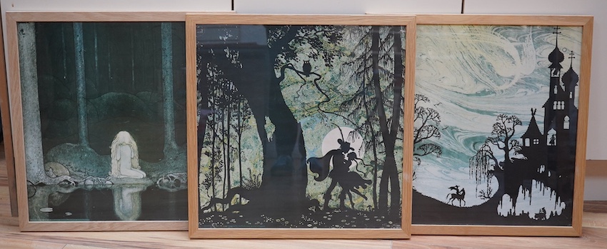 Three oak framed original 1970s Gallery Five published posters designed by Jan Pienkowski, two silhouettes; ‘The Golden Bird’ and ‘Forest’, together with Reflections’ designed by John Bauer, all 45 x 45cm. Condition - go